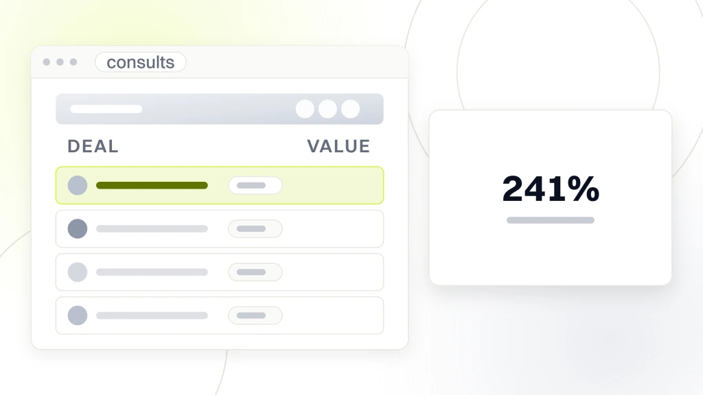 Med spa marketing. A list of four consult rows with the first highlighted, beside a card reading 241% more consult requests in nine months.