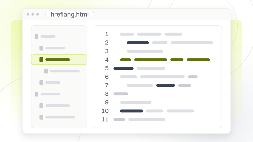 International SEO audit. An editor window with a file tree down the left and a pane open on hreflang.html, eleven lines of token runs with the fourth highlighted.