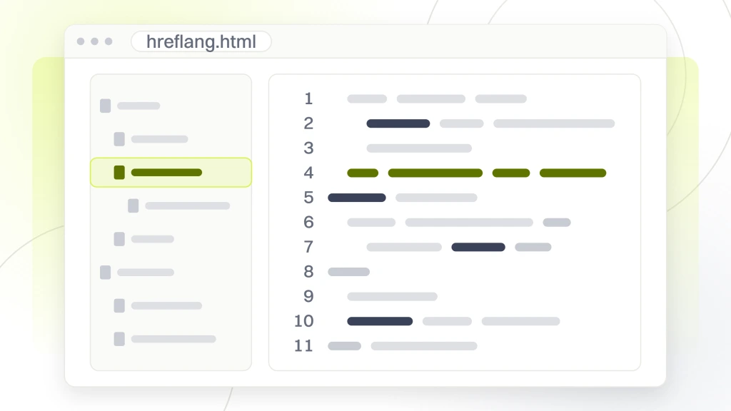 International SEO audit. An editor window with a file tree down the left and a pane open on hreflang.html, eleven lines of token runs with the fourth highlighted.