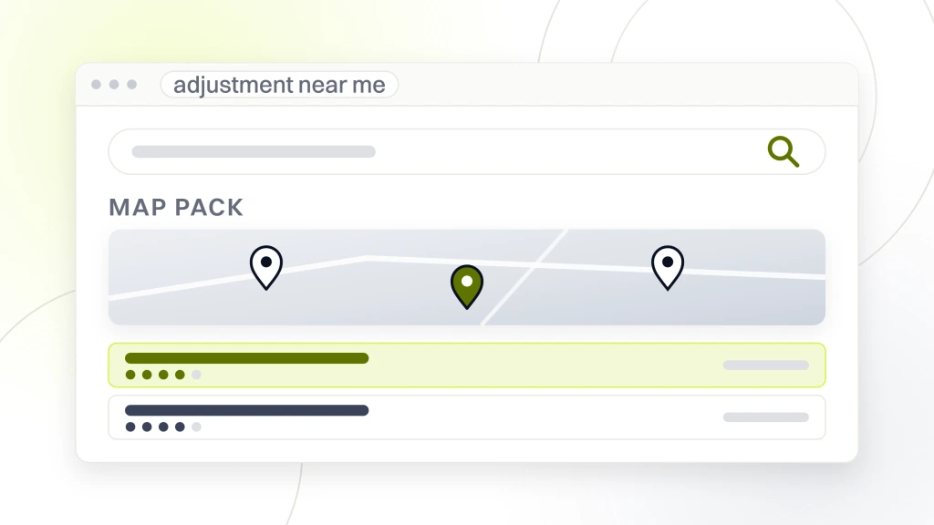 Local SEO for Chiropractors. A search results page in a window showing a map with three pins above three local listings with rating dots, the first listing highlighted.