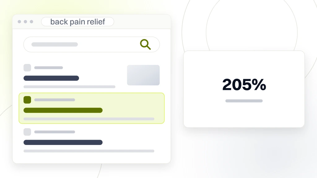Chiropractor local SEO. A search results page with a query box and three organic listings, the second highlighted, beside a card reading 205% more patient appointments.