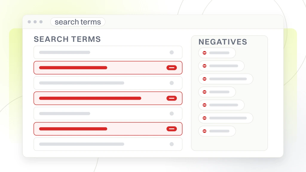 Optometrist PPC Ads. A search terms report in an ads account with seven query rows, three flagged for exclusion and carried into the negative keyword list beside the report.