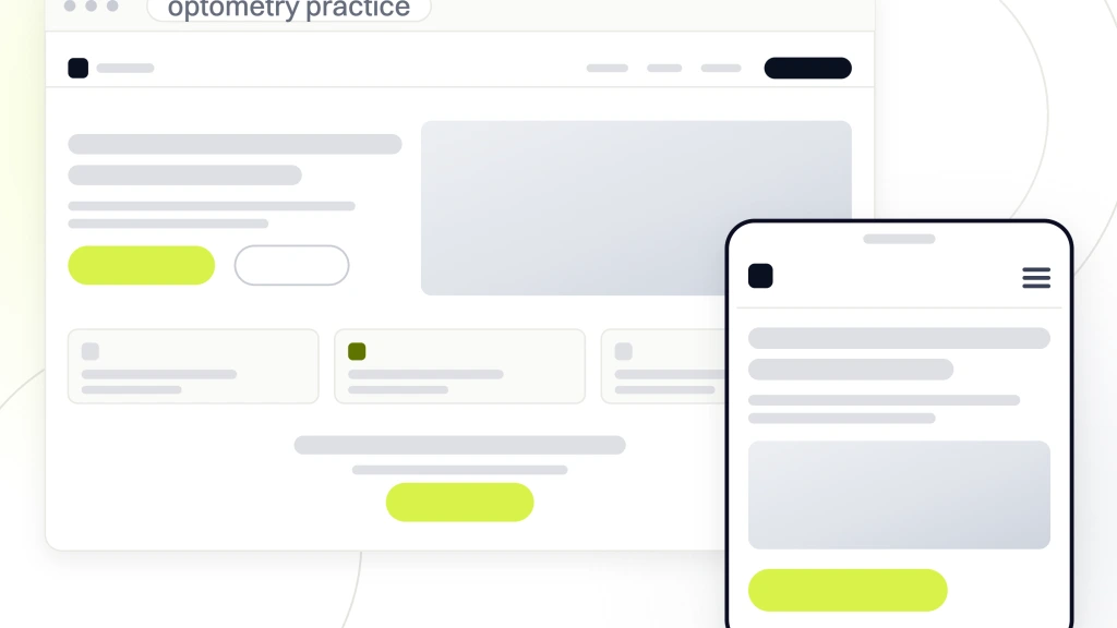 Optometrist Website Design. A finished optometry practice website in browser chrome, showing the navigation, hero, service cards and a call to action band, with the phone build of the same page standing in front of it.