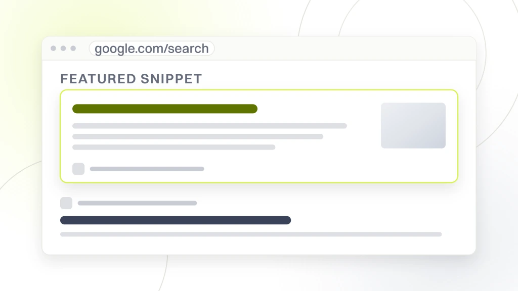 A search results page with a featured snippet card above the organic listings, the card carrying a heading rule, four lines of answer copy, a source favicon and a thumbnail, from a guide to pet Food SEO.
