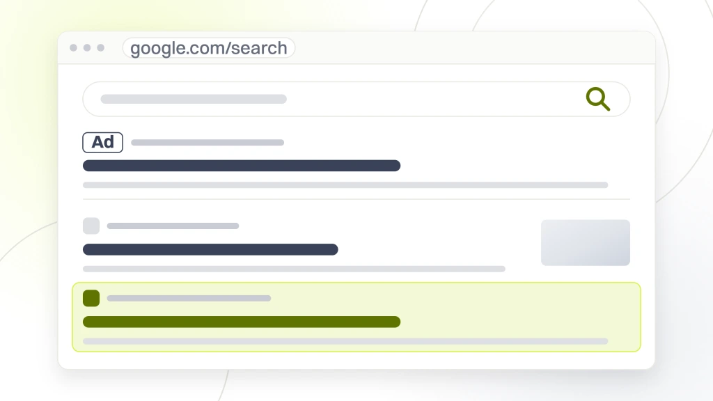 Benefits of Combining SEO and PPC for Healthcare. A search results page in browser chrome showing two ad listings above a divider, then three organic listings with the second one highlighted.