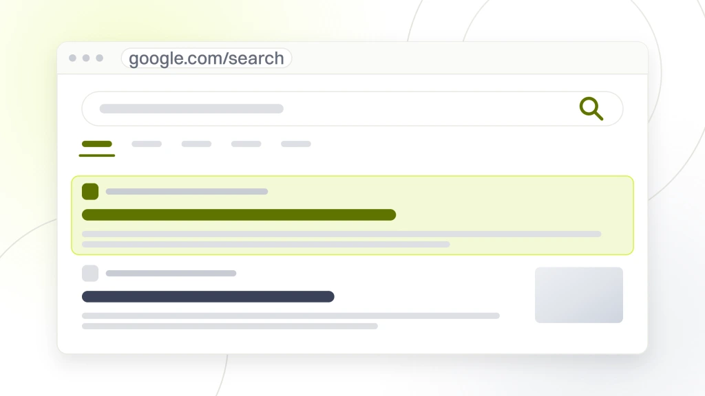 Healthcare SEO. A search results page showing the query box, the tab rail, two organic listings and two rows of related search pills, one of them highlighted.