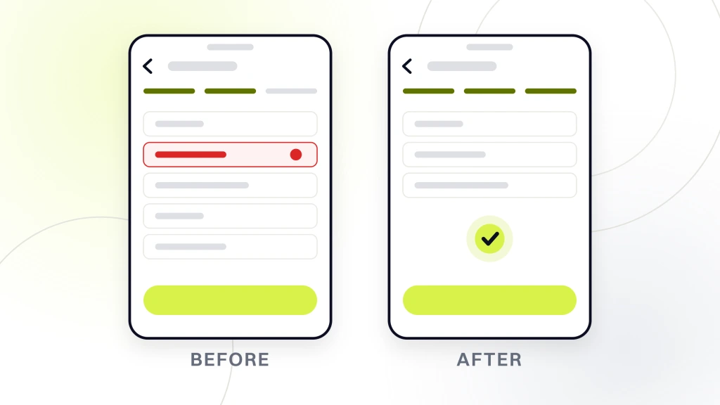 Fashion Ecommerce Marketing. Two checkouts side by side. The before side shows five form fields with one drawn as failed. The after side shows three fields and a confirmation tick.