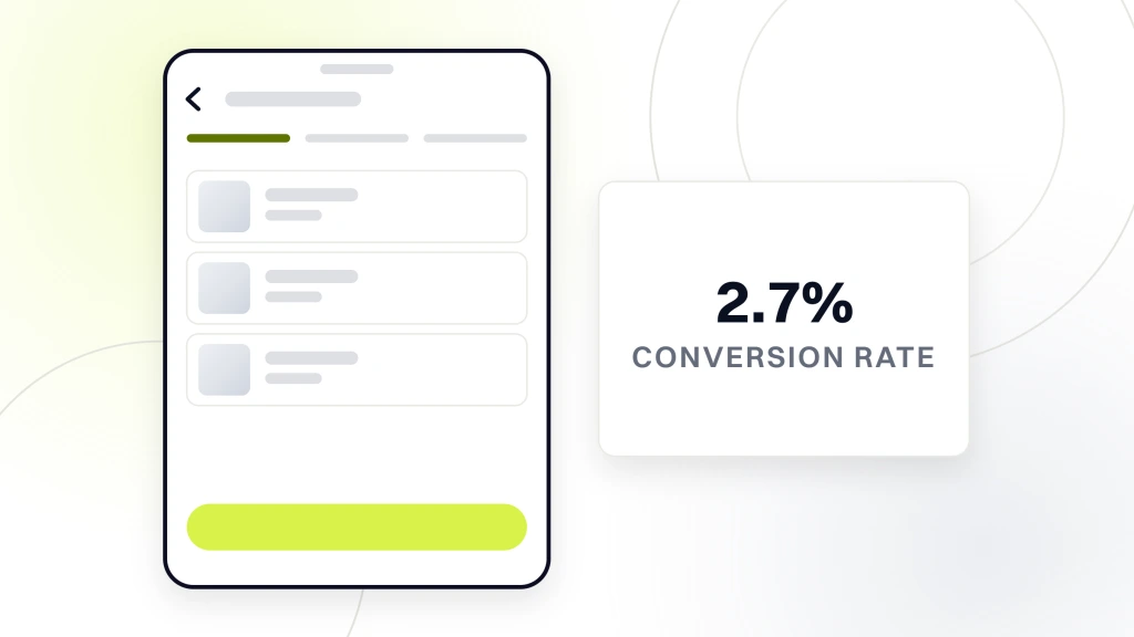 A handset stopped on the cart step of a checkout with its step indicator on the first step, beside a card reading 2.7% over the words conversion rate, from a guide to fashion Ecommerce Marketing.