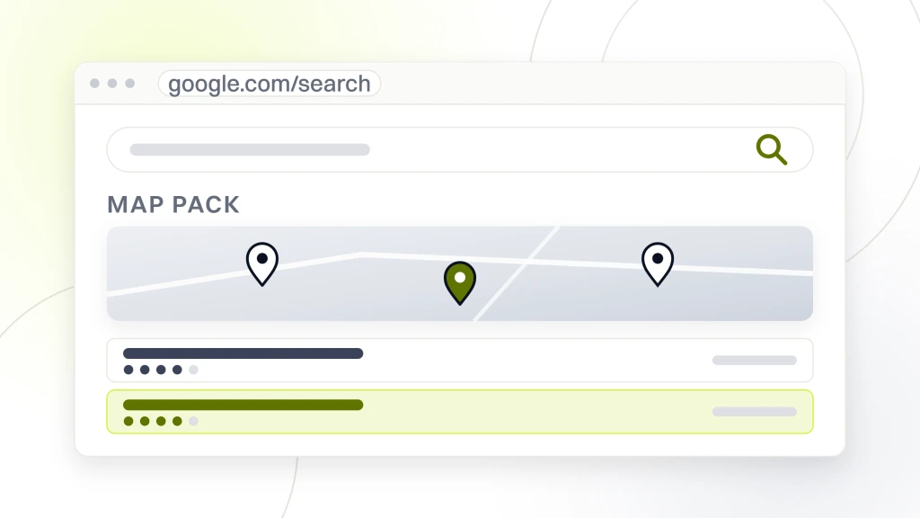 Med Spa SEO Audit Checklist. A search results page showing a map with three pins above three local listings, each with its rating dots, the middle listing highlighted.