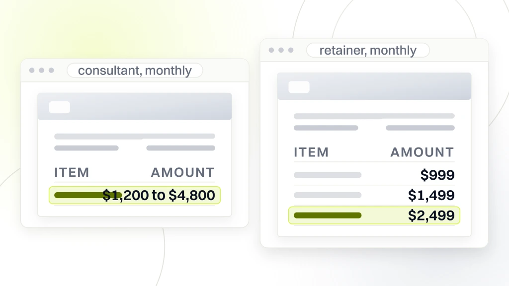 Two documents side by side, one reading $1,200 to $4,800 a month for retained advisory, the other listing retainer tiers at $999, $1,499 and $2,499, from a guide to SEO Consultants in Beauty Industry.