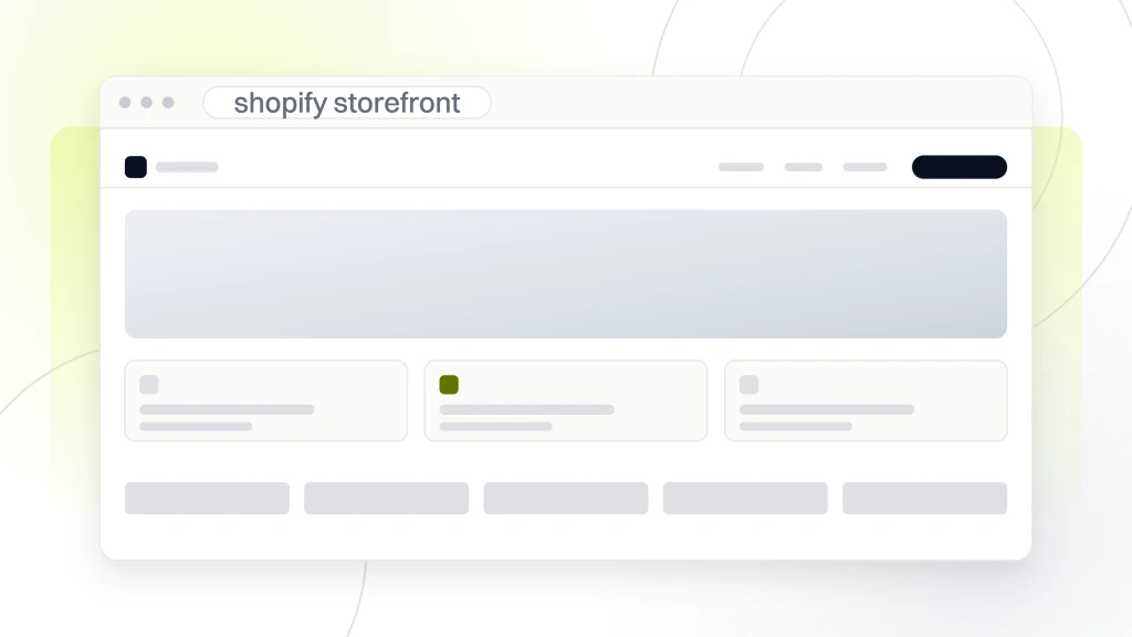 Shopify Design Agency. A browser window showing a DTC storefront with navigation, a photographic band, a row of product cards and a logo strip.