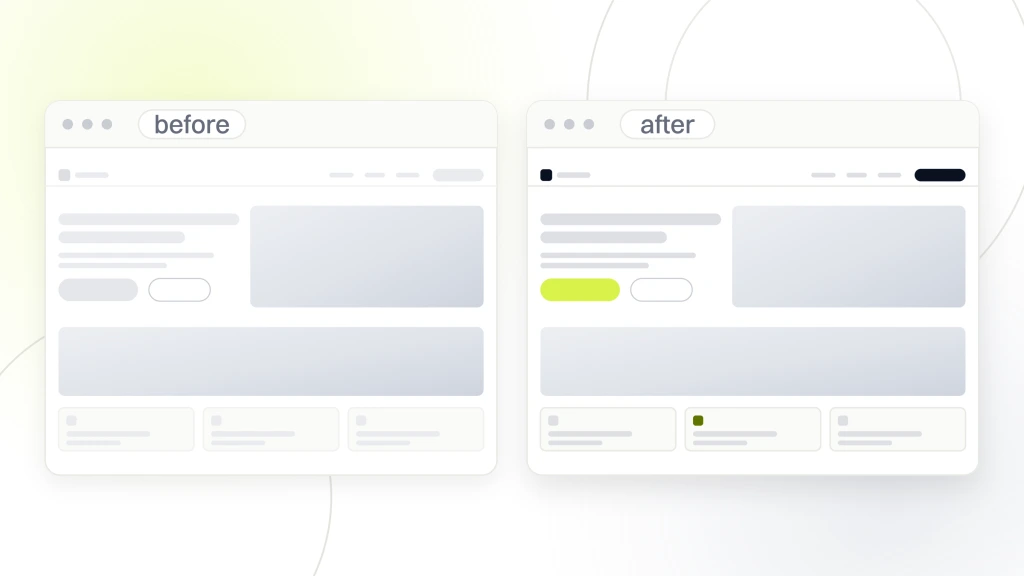 Med spa website development. Two med spa website windows side by side labeled before and after, the first drawn in dim furniture with a grey button, the second with live photography and a lime booking button.