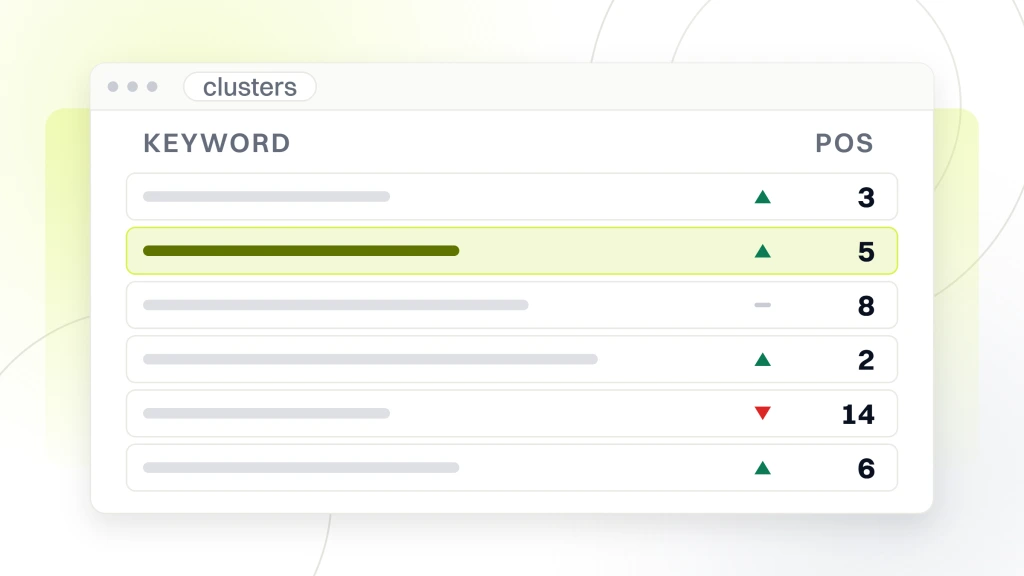Healthcare SEO. A rank tracker window showing six keyword cluster rows with their movement arrows and positions, one row highlighted.