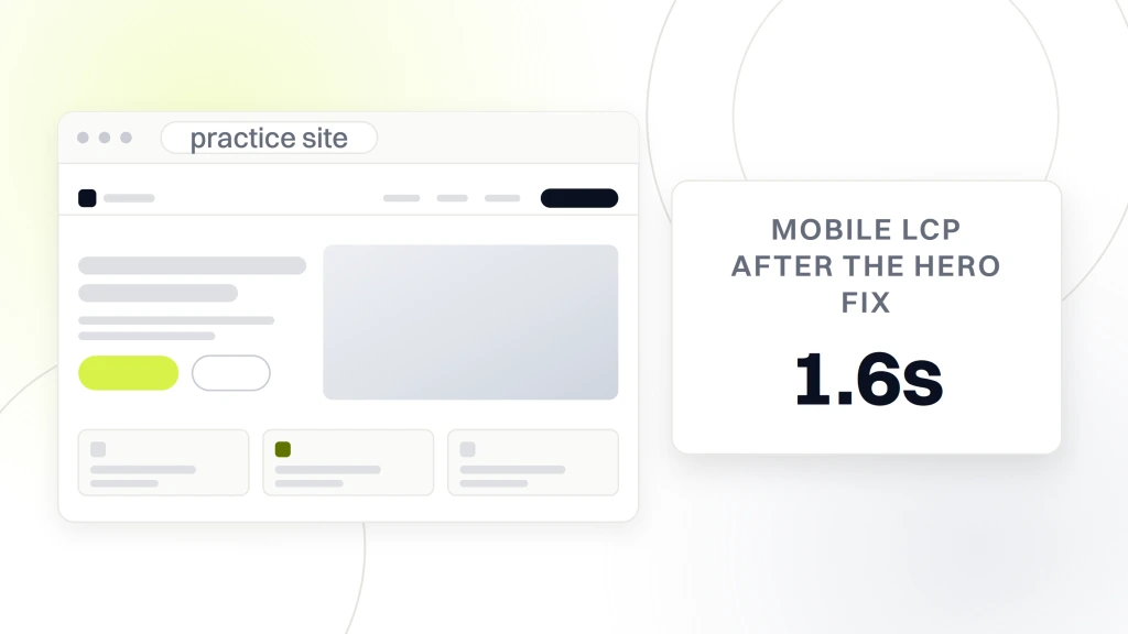 Responsive Dental Websites. A browser window showing a dental practice site with navigation, hero and service cards, beside a card reading 1.6 seconds as the mobile LCP after the hero fix.