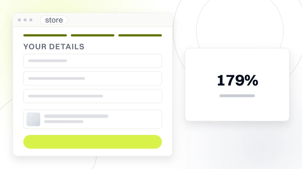 A checkout window with a step indicator, three cart lines and three form fields, beside a card reading 179% ecommerce revenue growth in 12 months, from a guide to responsive Web Design for Ecommerce.