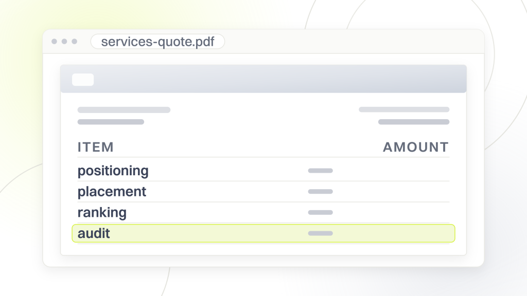 Search engine optimization. A services quote addressed to a client listing positioning, placement, ranking and audit, with audit highlighted as the only different product.