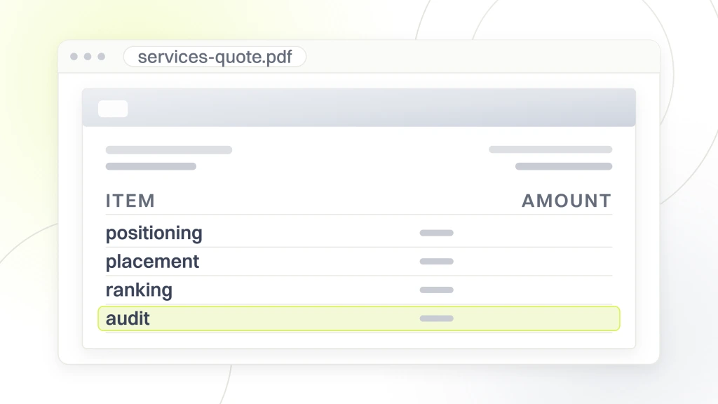 Search engine optimization. A services quote addressed to a client listing positioning, placement, ranking and audit, with audit highlighted as the only different product.