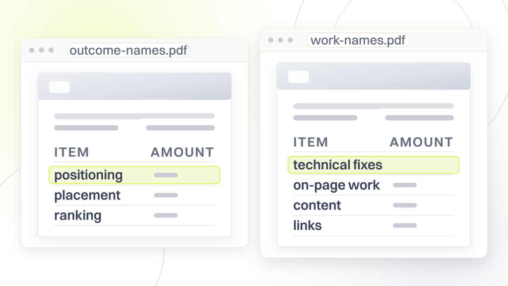 Search engine optimization services. Two documents side by side, the left listing positioning, placement and ranking, the right listing technical fixes, on-page work, content and links.