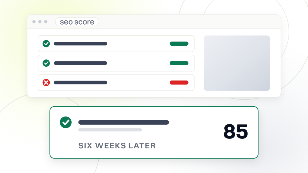 SEO analytics. An audit report window with the value 85 pulled out and magnified, labeled six weeks later.