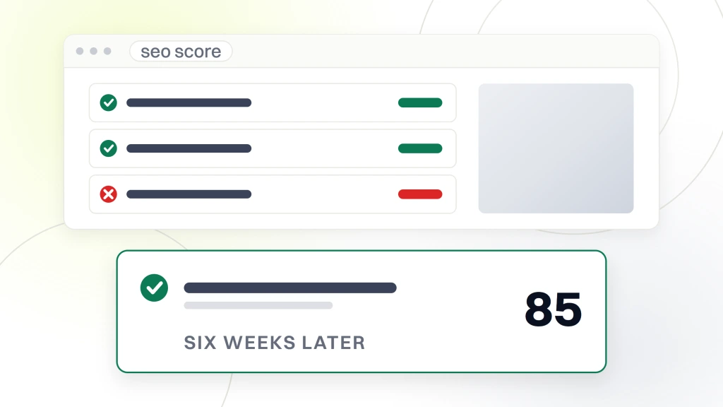SEO analytics. An audit report window with the value 85 pulled out and magnified, labeled six weeks later.