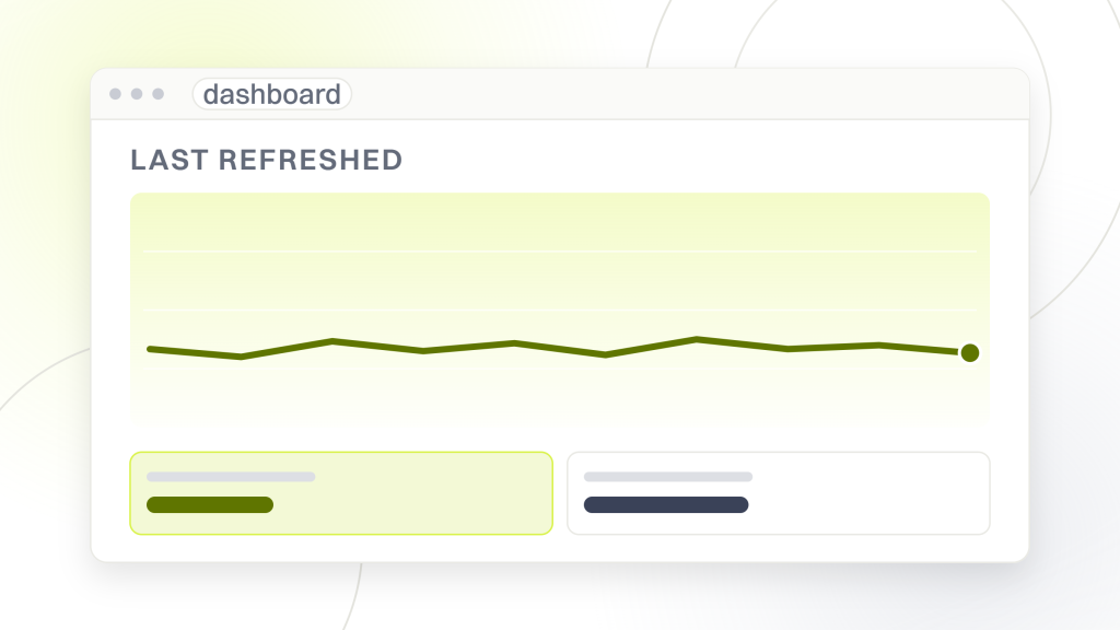 SEO dashboard. A dashboard window showing a last refreshed label over a flat line and two metric tiles, the state a screen sits in while it waits for its next scheduled pull.