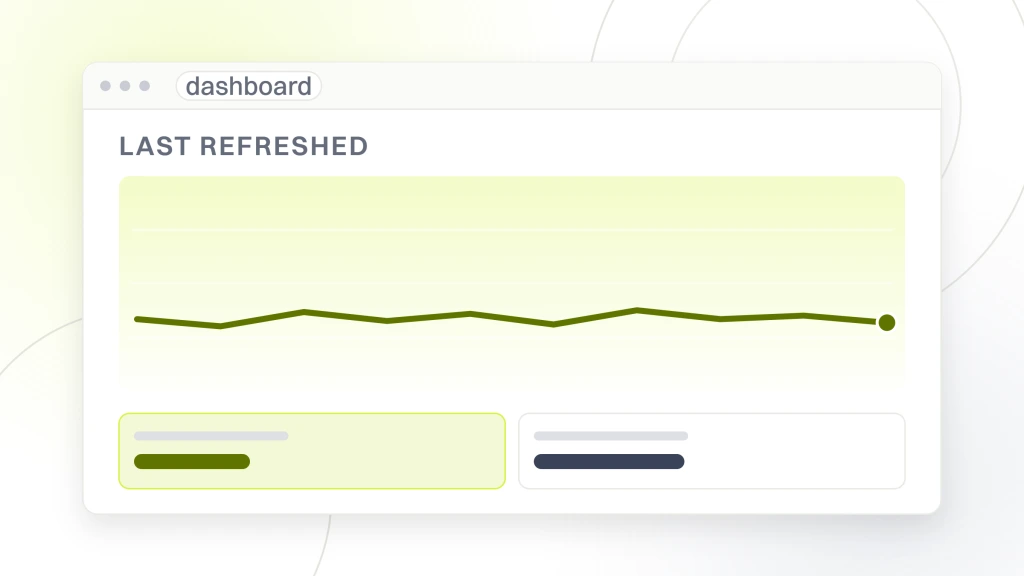 SEO dashboard. A dashboard window showing a last refreshed label over a flat line and two metric tiles, the state a screen sits in while it waits for its next scheduled pull.
