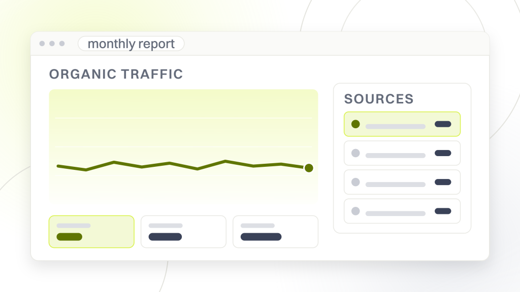 SEO ranking report. A report window with a flat plot and three metric tiles on the left and a sources table of four unlabeled rows on the right.