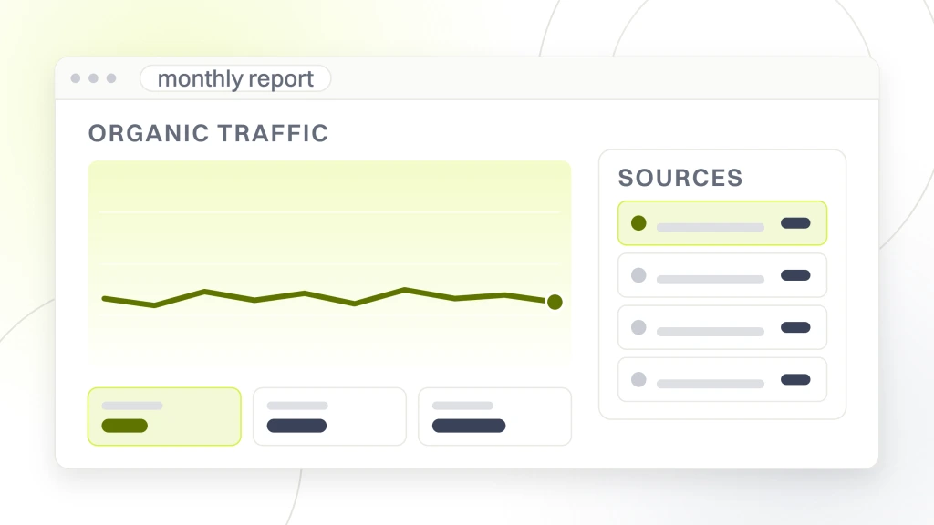 SEO ranking report. A report window with a flat plot and three metric tiles on the left and a sources table of four unlabeled rows on the right.