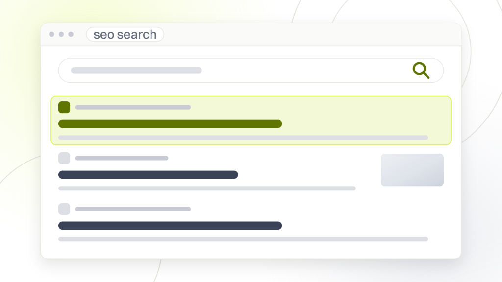 SEO search. A search results page with the query box, the tab rail and three organic listings, the first one highlighted.