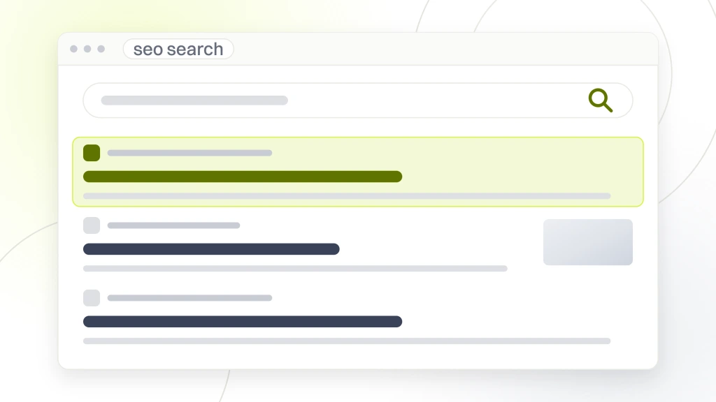 SEO search. A search results page with the query box, the tab rail and three organic listings, the first one highlighted.