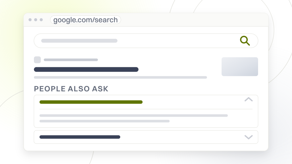SEO optimizer. A search results page with one organic listing and a people also ask block under it, the first question open and showing two lines of answer.