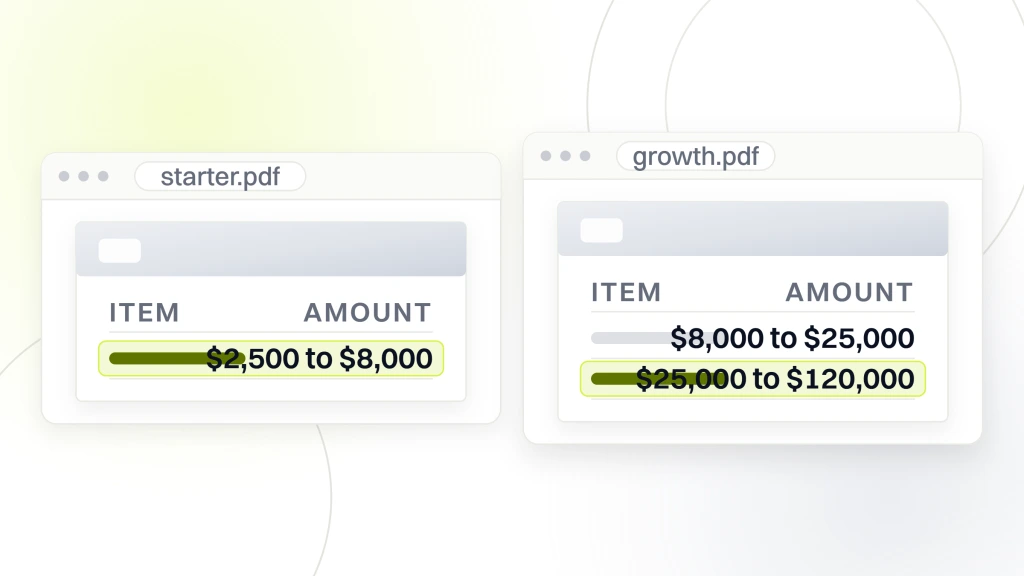 Website Design Pricing Packages. Two priced documents side by side in viewers, the left listing a starter band at 2,500 to 8,000 dollars, the right listing growth at 8,000 to 25,000 dollars and custom at 25,000 to 120,000 dollars with the custom line highlighted.