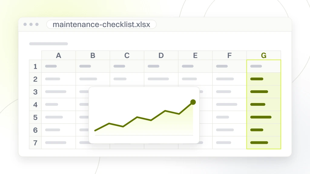 Beauty salon website maintenance plan. A spreadsheet export in a window, a dense grid of seven columns and six rows of cells with a chart object sitting over them.