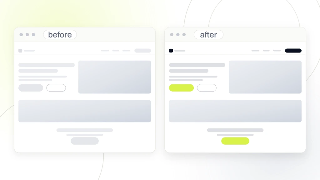 How to choose web designer and developer for small business. Two website windows side by side labeled before and after, the first drawn in dim furniture with a grey button, the second with live photography and a lime call to action.