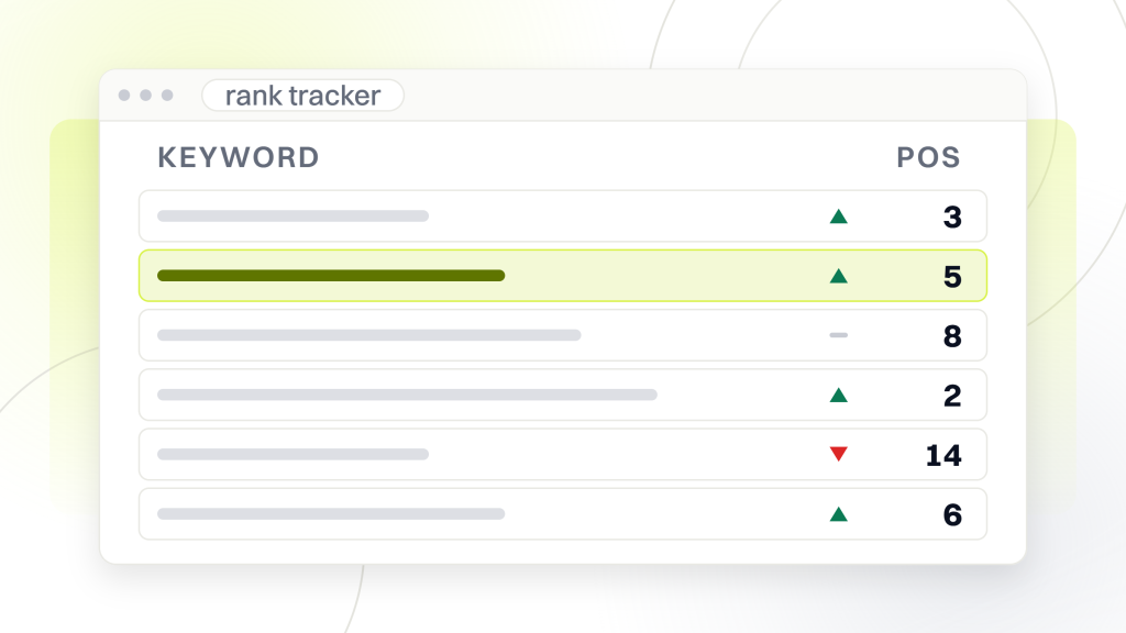 Website ranking software. A rank tracker window holding six keyword rows, each with its term rule, a movement arrow and a position, which is the screen a keyword allowance is spent on.