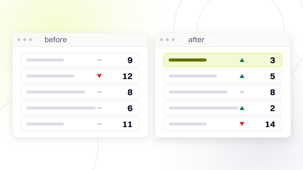 AI search grader. Two tracker windows side by side holding the same set of prompts, the positions differing between them, which is what running the same check twice can return.