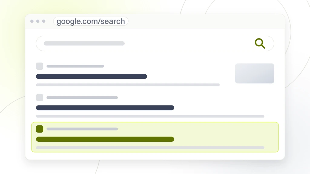 Affordable Search Engine Optimization Services. A search results window with the query box, tab rail and three organic listings, the last one highlighted.