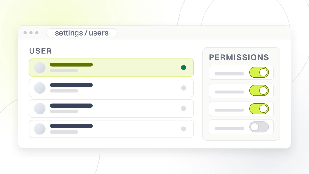 An admin window with a four row seat table on one side and a panel of permission switches on the other, showing which decisions sit with which seat, from a guide to B2B SaaS Marketing Team Structure.