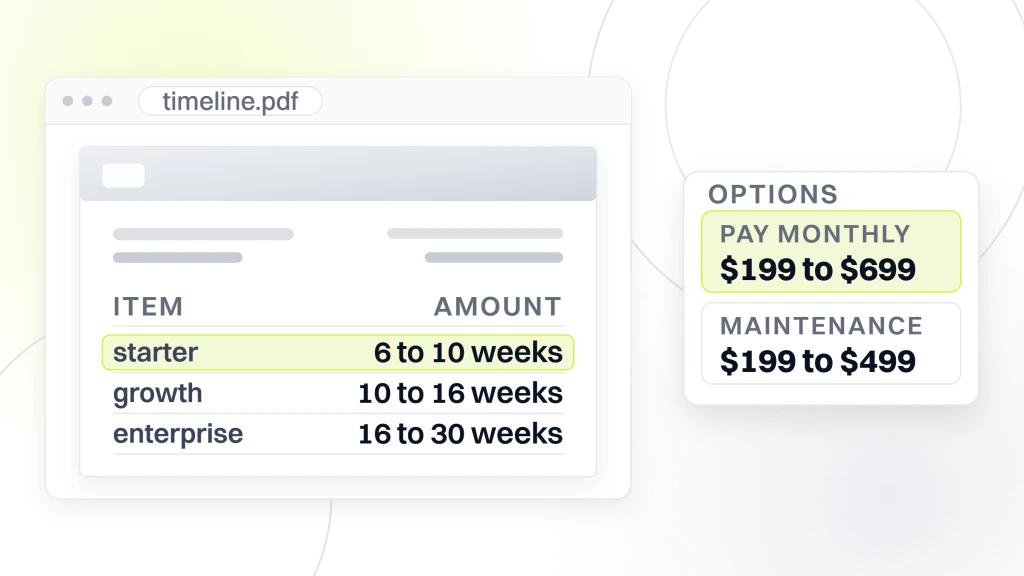 A timeline document showing starter at 6 to 10 weeks, growth at 10 to 16 weeks and enterprise at 16 to 30 weeks, beside an options card carrying pay monthly at $199 to $699 and maintenance at $199 to $499, from a guide to branding and Website Design Packages.