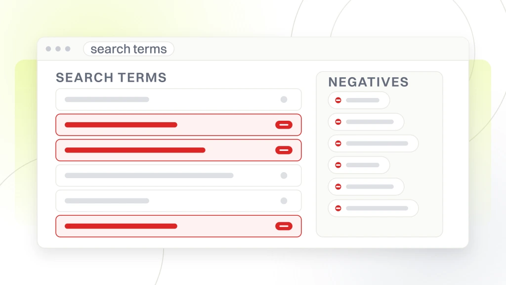 Chiropractor Marketing Solutions. A search terms report inside an ads account showing six queries with three flagged for exclusion, feeding the negative keyword list beside it.