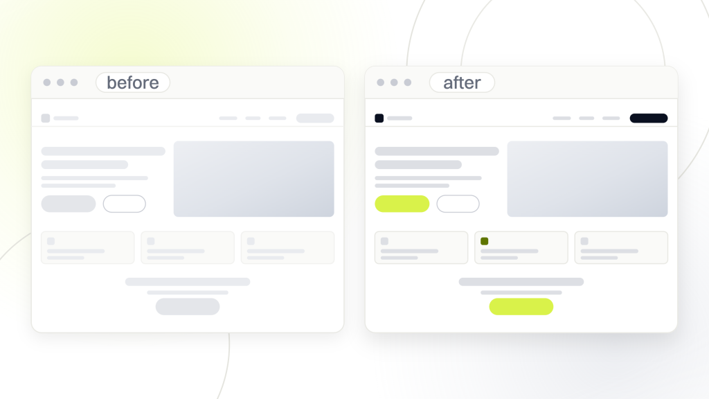 Best ecommerce SEO platform. Two browser windows side by side labeled before and after, the same store drawn with dim furniture on one side and live photography and a lime button on the other.