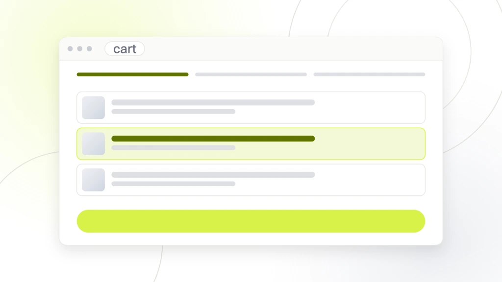 Ecommerce Web Design Examples. A checkout window showing a three step indicator and three cart lines with the second one highlighted.