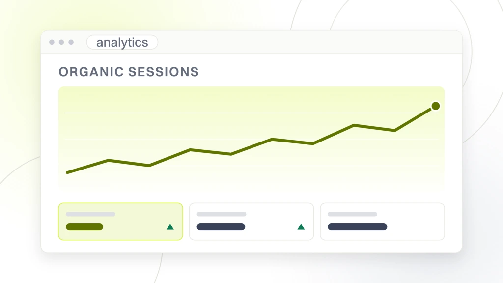 Food Content Marketing Agency. An analytics window headed organic sessions, with a rising plotted line and three metric tiles beneath it.