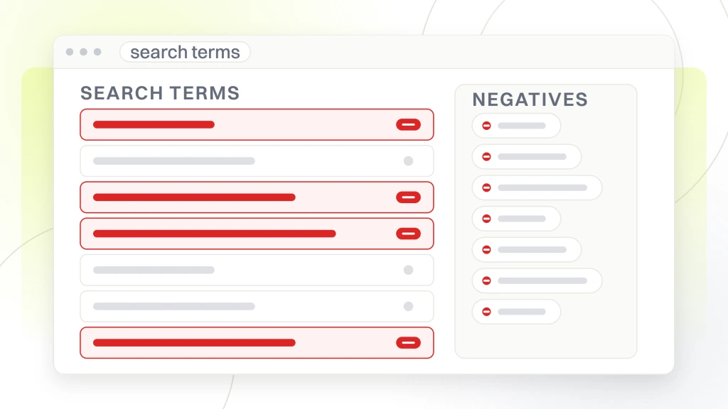 Google ad management for lawyers. A search terms report inside a legal ads account showing seven queries with four flagged for exclusion, feeding the negative keyword list beside it.