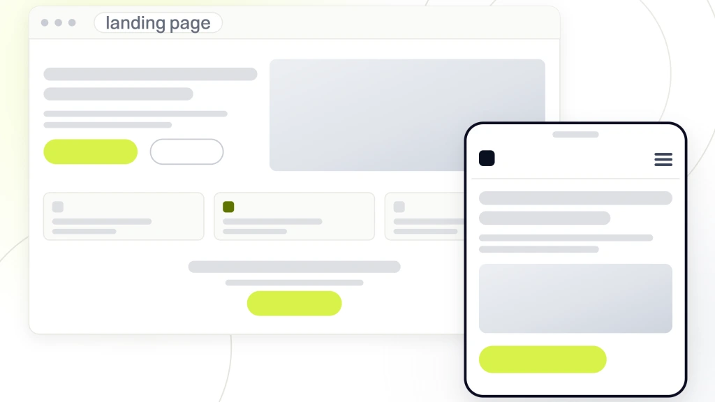 A sales funnel landing page drawn in browser chrome with a hero, a proof card row and a single call to action, with the phone version of the page in front of it.