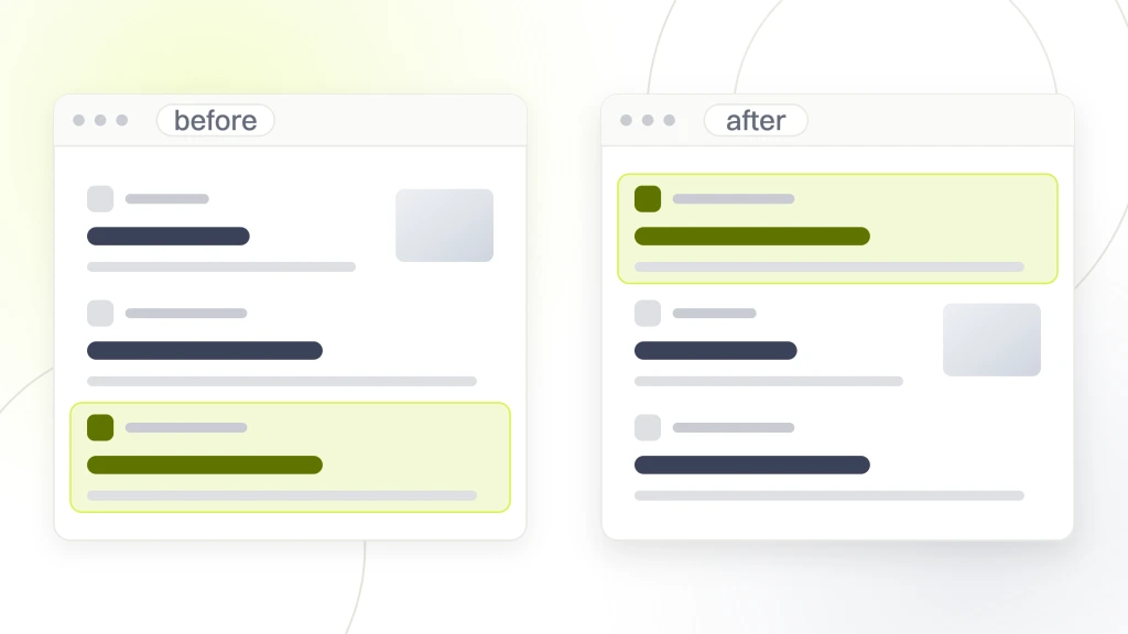 Two search results pages side by side labeled before and after, the same three listings in each, with the highlighted listing sitting lower on the before side, from a guide to SEO Plugins for WooCommerce.