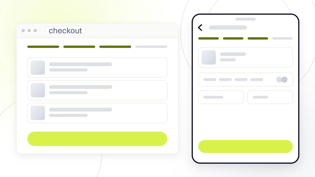 A checkout window with its step indicator and form fields, the handset build of the same checkout standing in front of it, from a guide to video Marketing for Ecommerce.
