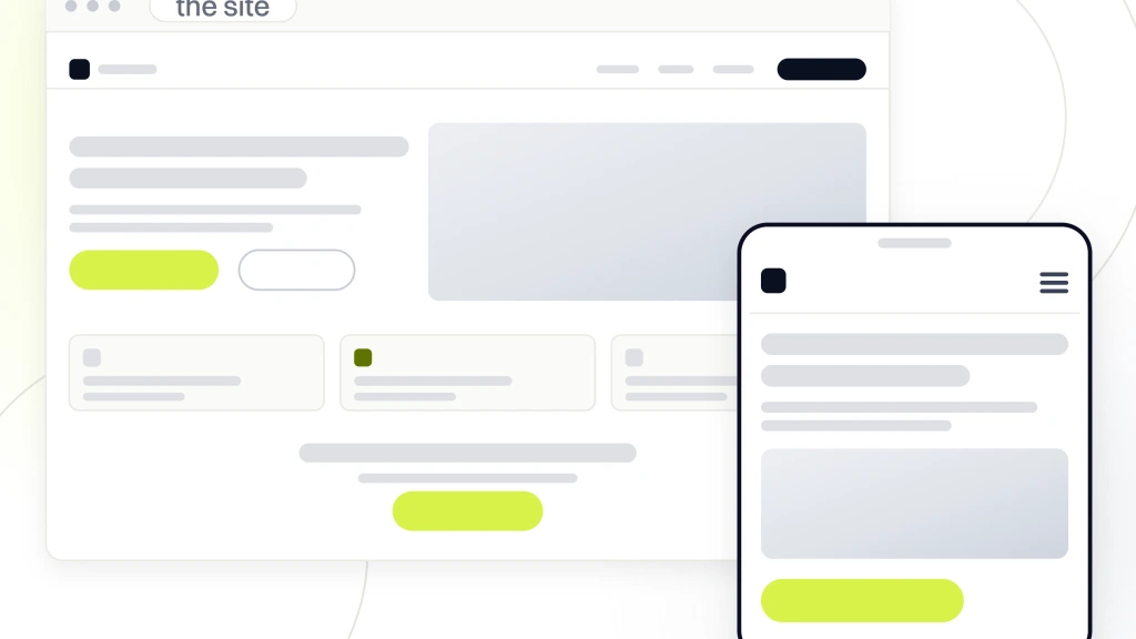 Web Design Services for Small Business Near Me. A small business website drawn in browser chrome with navigation, a hero, a card row and a call to action, with the phone version of the page in front of it.