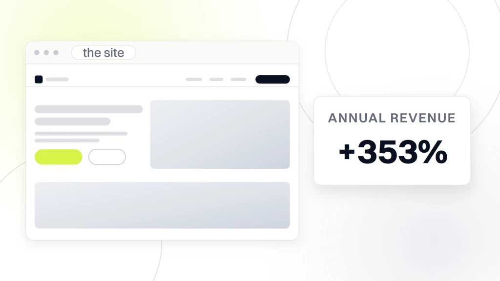 A website in browser chrome showing navigation, a hero and a content band, beside a card reading plus 353 percent annual revenue, from a guide to web Design Services for Small Business Near Me.