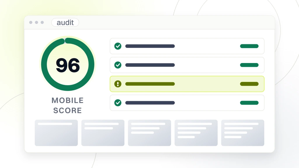 Web Development for Med Spas. An audit report window showing a score dial reading 96 labeled mobile score, with a column of pass and warn verdicts beside it.